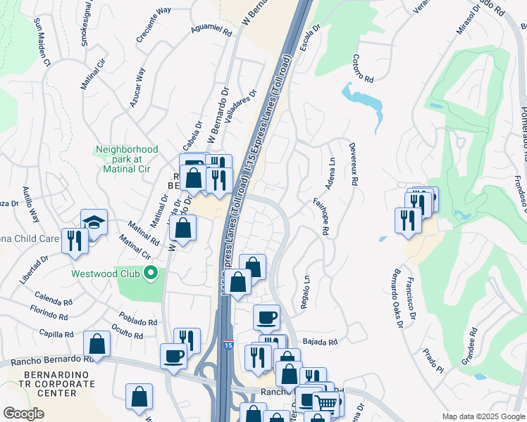 map of restaurants, bars, coffee shops, grocery stores, and more near 17595 Fairlie Road in San Diego