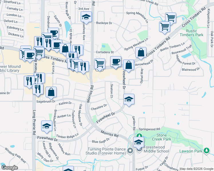 map of restaurants, bars, coffee shops, grocery stores, and more near 2105 Helmsford Drive in Flower Mound
