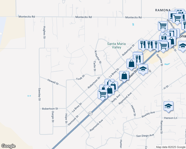 map of restaurants, bars, coffee shops, grocery stores, and more near 2235 Toub Street in Ramona
