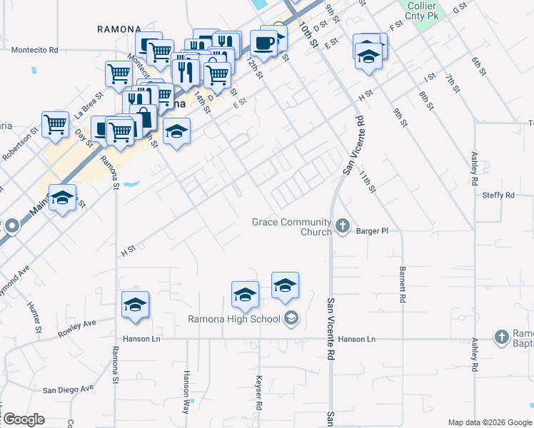 map of restaurants, bars, coffee shops, grocery stores, and more near 1409 Gerlar Lane in Ramona