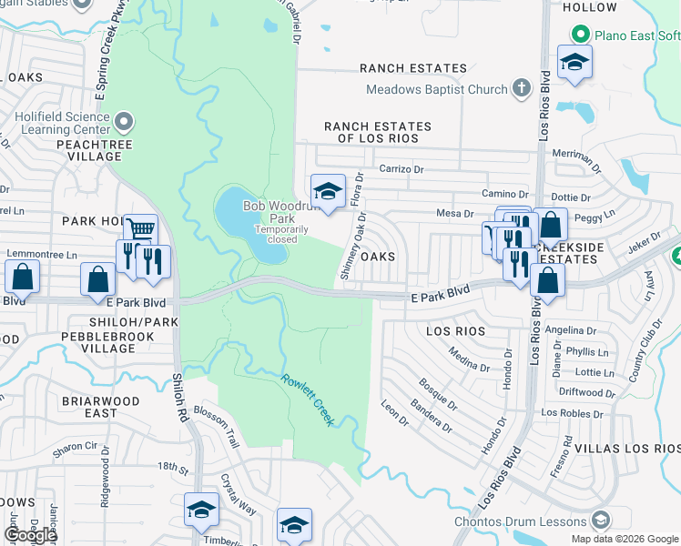map of restaurants, bars, coffee shops, grocery stores, and more near 3800 Shumard Oak Drive in Plano