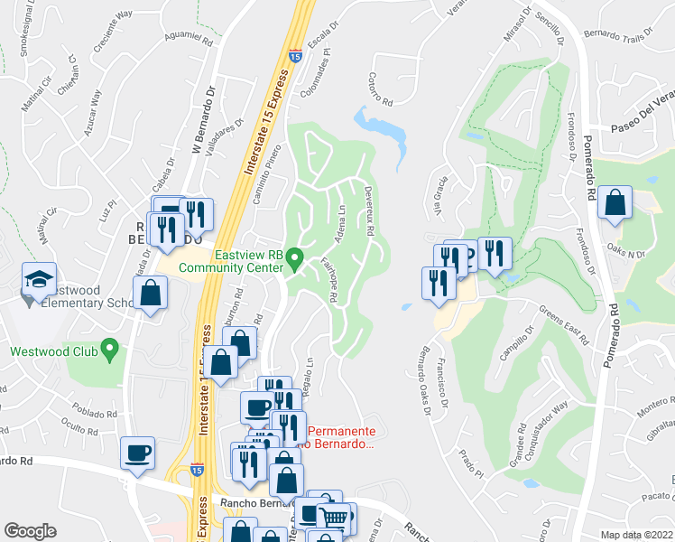 map of restaurants, bars, coffee shops, grocery stores, and more near 12052 Fairhope Road in San Diego