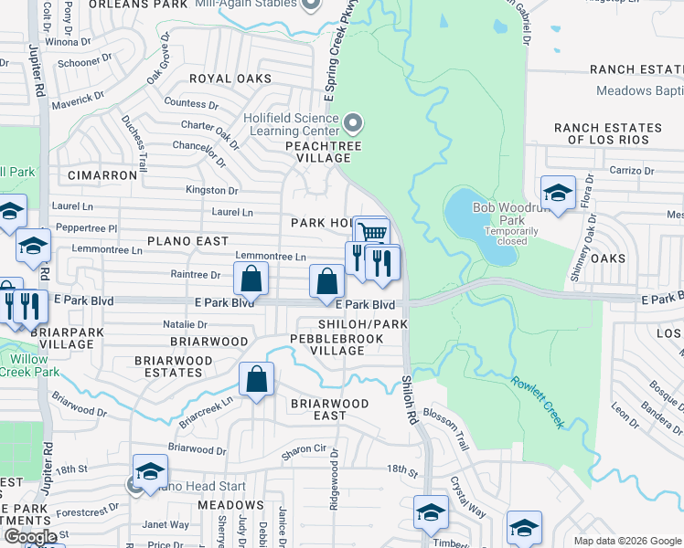 map of restaurants, bars, coffee shops, grocery stores, and more near 2508 Ridgewood Drive in Plano
