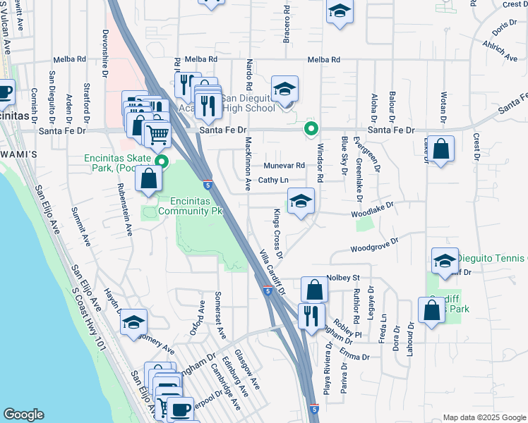 map of restaurants, bars, coffee shops, grocery stores, and more near 1422 Kings Cross Drive in Encinitas