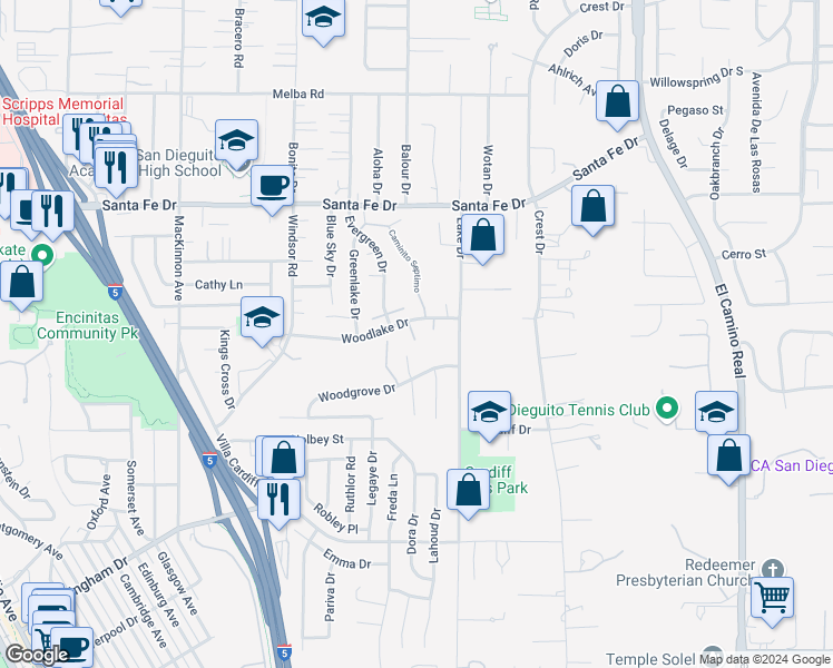 map of restaurants, bars, coffee shops, grocery stores, and more near 1089 Woodlake Drive in Encinitas