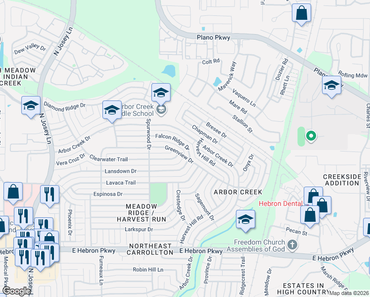 map of restaurants, bars, coffee shops, grocery stores, and more near 2148 Falcon Ridge Drive in Carrollton