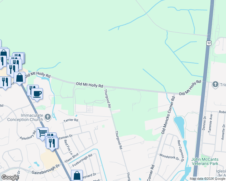 map of restaurants, bars, coffee shops, grocery stores, and more near 1220 Thurgood Road in Goose Creek
