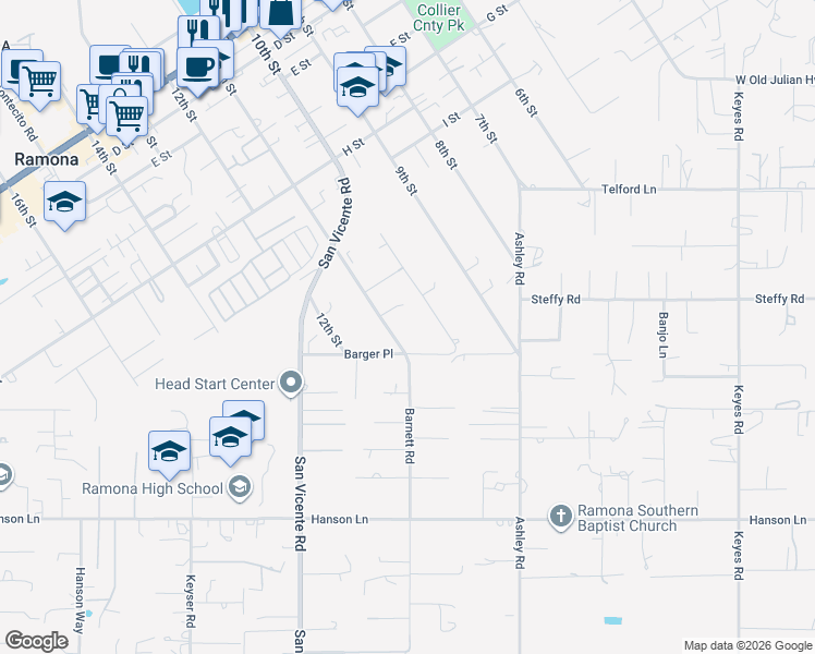 map of restaurants, bars, coffee shops, grocery stores, and more near 1217 Barger Place in Ramona