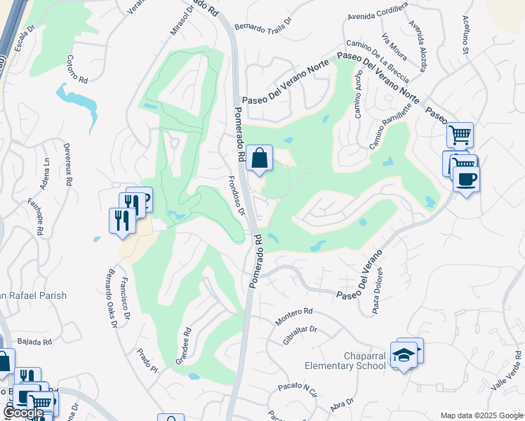 map of restaurants, bars, coffee shops, grocery stores, and more near 12555 Oaks North Drive in San Diego
