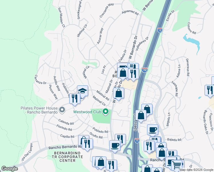 map of restaurants, bars, coffee shops, grocery stores, and more near 17460 Hada Drive in San Diego