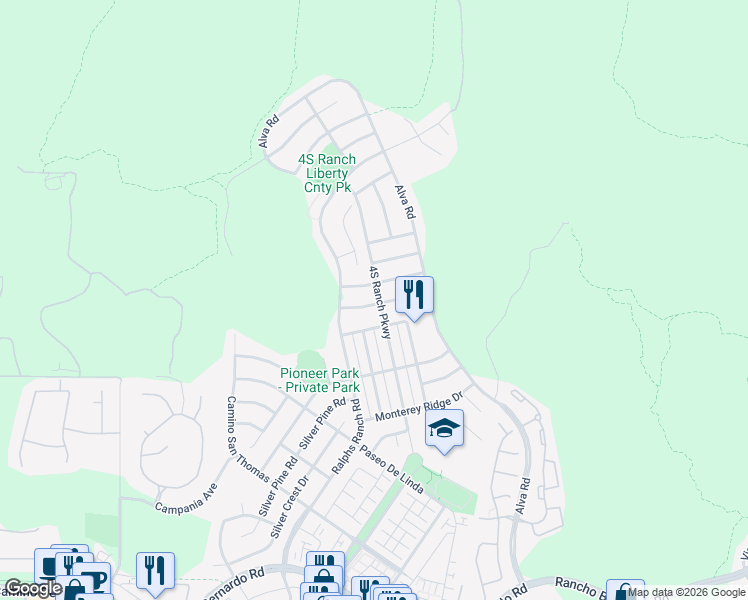 map of restaurants, bars, coffee shops, grocery stores, and more near 10452 Eagle Canyon Road in San Diego
