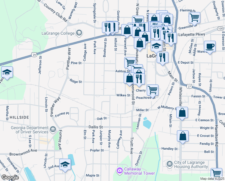 map of restaurants, bars, coffee shops, grocery stores, and more near 207 Wilkes Street in LaGrange
