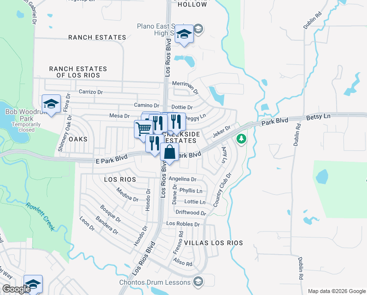 map of restaurants, bars, coffee shops, grocery stores, and more near 2244 Caniesto Street in Plano