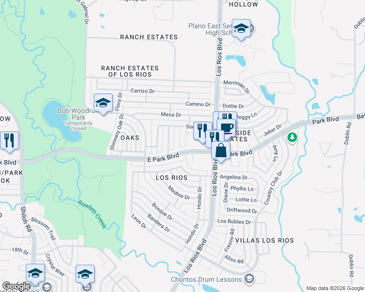 map of restaurants, bars, coffee shops, grocery stores, and more near 3990-3998 East Park Boulevard in Plano