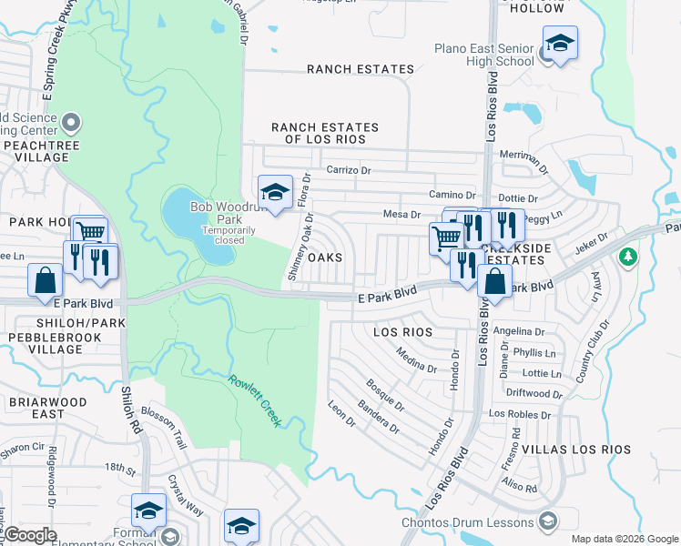 map of restaurants, bars, coffee shops, grocery stores, and more near 2200 San Gabriel Drive in Plano