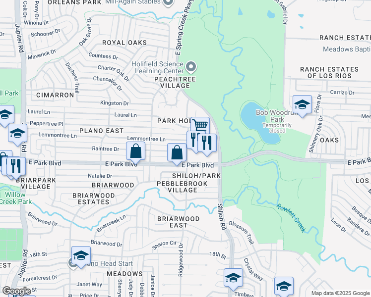map of restaurants, bars, coffee shops, grocery stores, and more near 2508 Ridgewood Drive in Plano