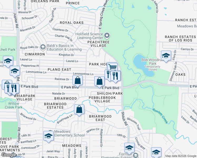 map of restaurants, bars, coffee shops, grocery stores, and more near 3304 Raintree Drive in Plano