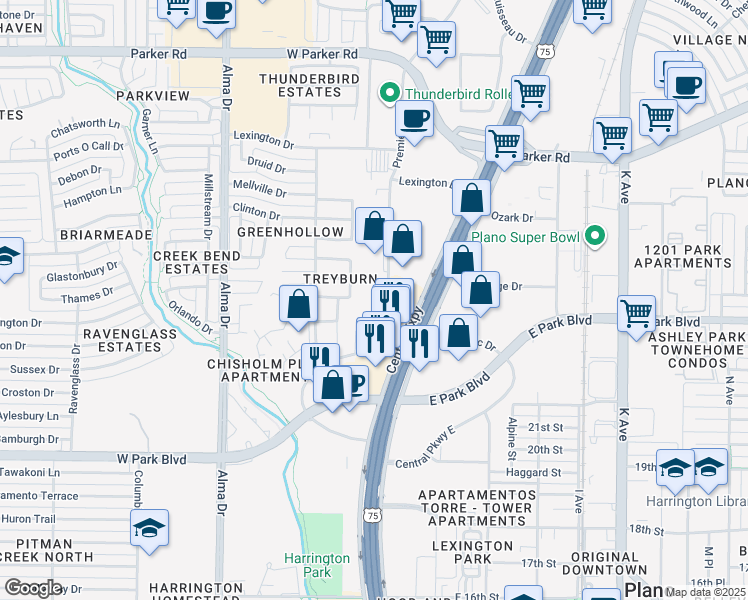 map of restaurants, bars, coffee shops, grocery stores, and more near 2301 N US 75-Central Expy 1000 in Plano