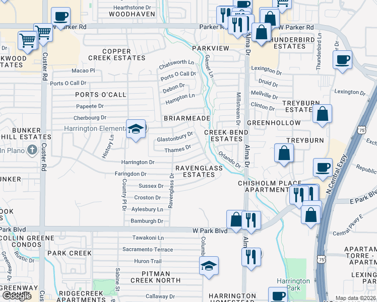 map of restaurants, bars, coffee shops, grocery stores, and more near 1425 Harrington Drive in Plano