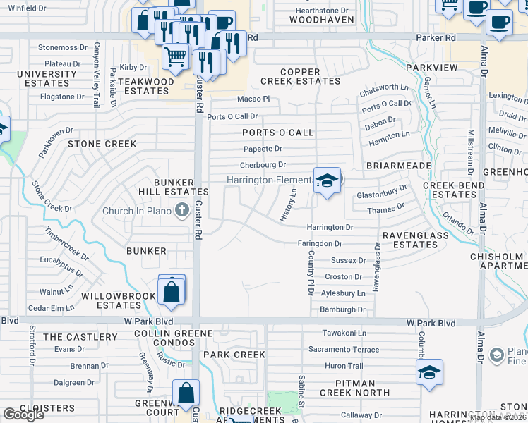 map of restaurants, bars, coffee shops, grocery stores, and more near 1708 Harrington Drive in Plano