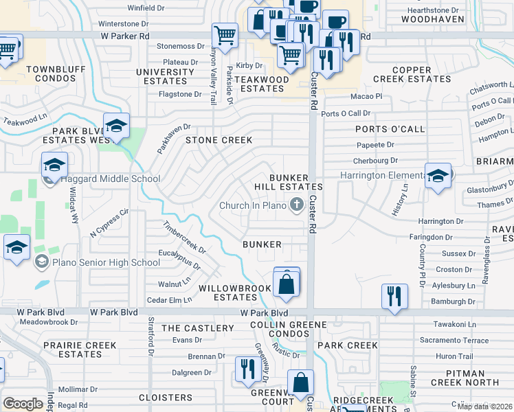 map of restaurants, bars, coffee shops, grocery stores, and more near 2513 Alexa Court in Plano