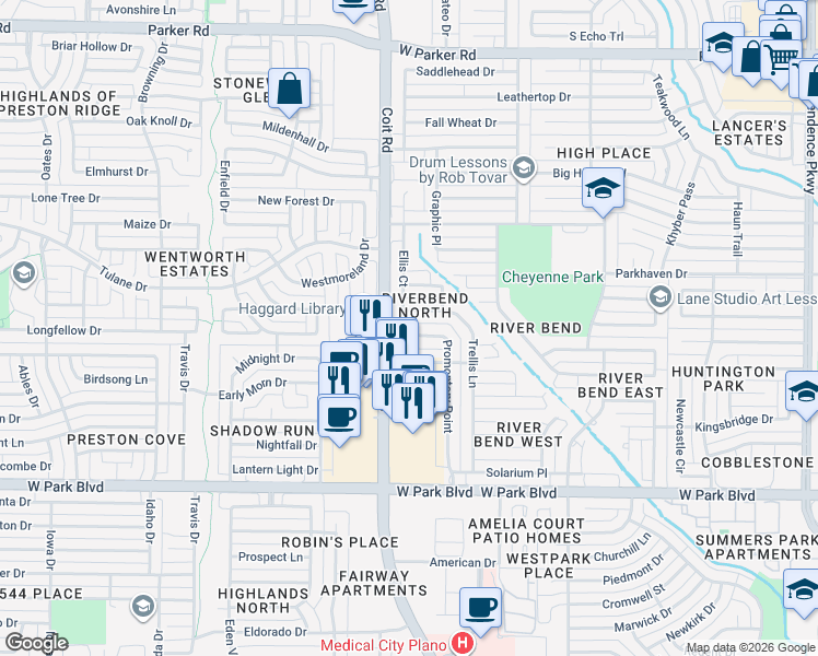 map of restaurants, bars, coffee shops, grocery stores, and more near 3928 Promontory Point in Plano