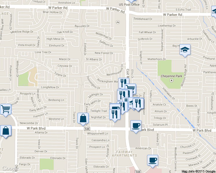 map of restaurants, bars, coffee shops, grocery stores, and more near 2500 Rosehill Lane in Plano