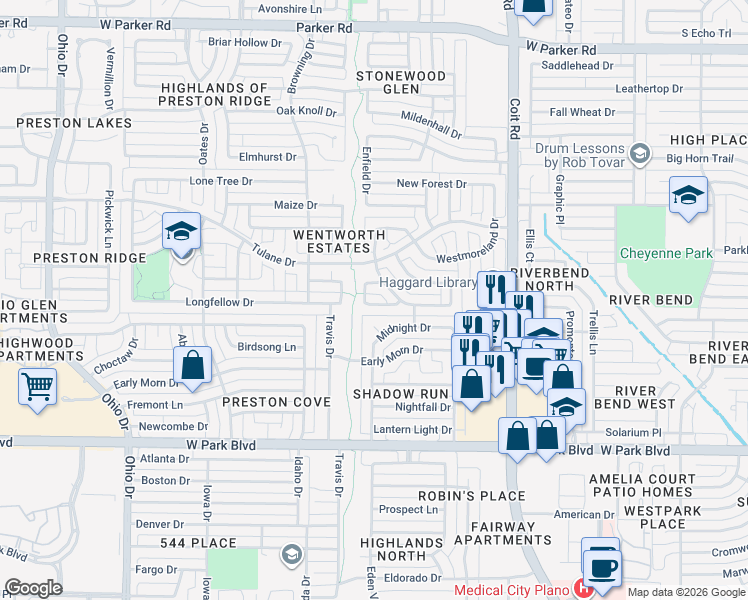 map of restaurants, bars, coffee shops, grocery stores, and more near 4220 Castlemaine Lane in Plano