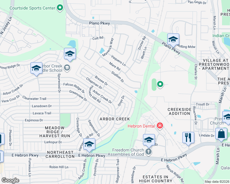 map of restaurants, bars, coffee shops, grocery stores, and more near 2272 Chapman Drive in Carrollton