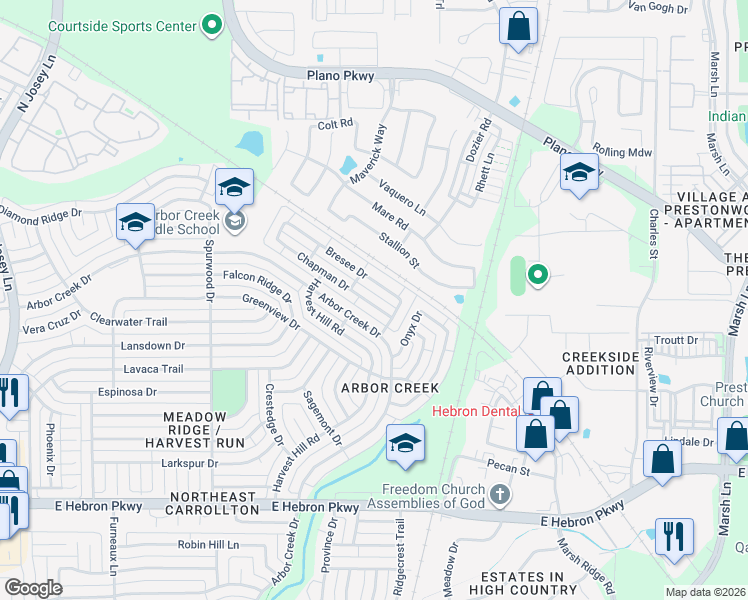 map of restaurants, bars, coffee shops, grocery stores, and more near 2272 Chapman Drive in Carrollton