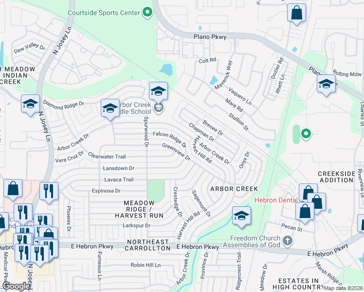 map of restaurants, bars, coffee shops, grocery stores, and more near 2148 Falcon Ridge Drive in Carrollton