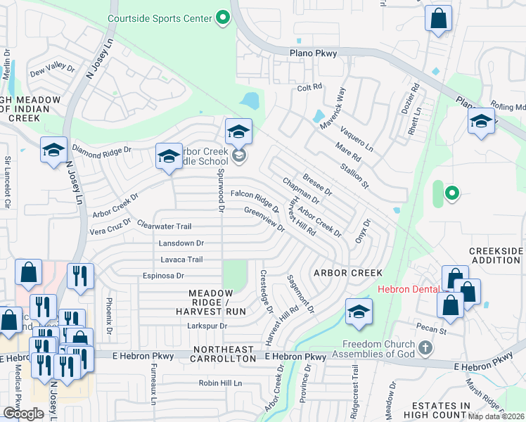 map of restaurants, bars, coffee shops, grocery stores, and more near 2148 Falcon Ridge Drive in Carrollton