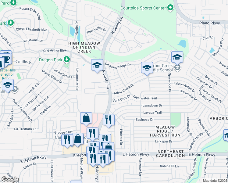 map of restaurants, bars, coffee shops, grocery stores, and more near 1906 Arbor Creek Drive in Carrollton
