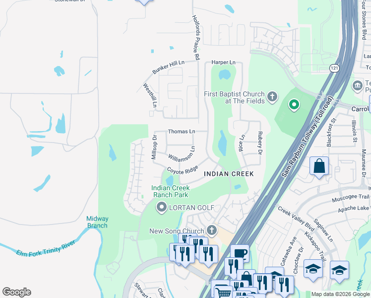 map of restaurants, bars, coffee shops, grocery stores, and more near 4301 Williamson Lane in Carrollton