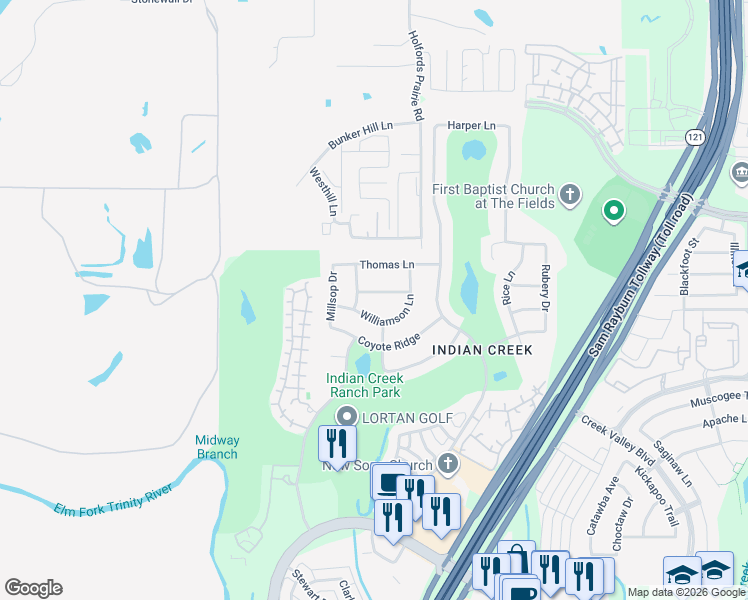 map of restaurants, bars, coffee shops, grocery stores, and more near 4301 Williamson Lane in Carrollton