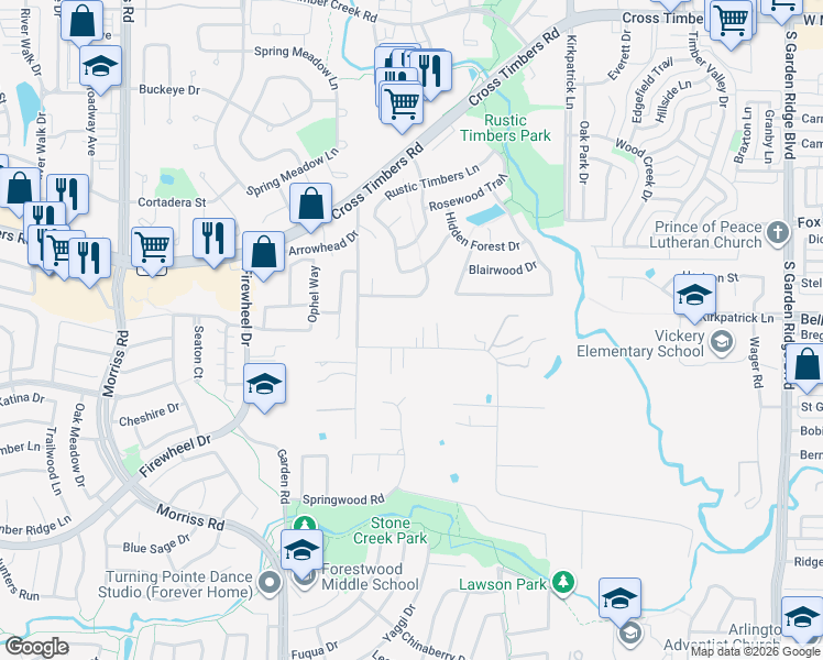 map of restaurants, bars, coffee shops, grocery stores, and more near 1421 Oak Drive in Flower Mound