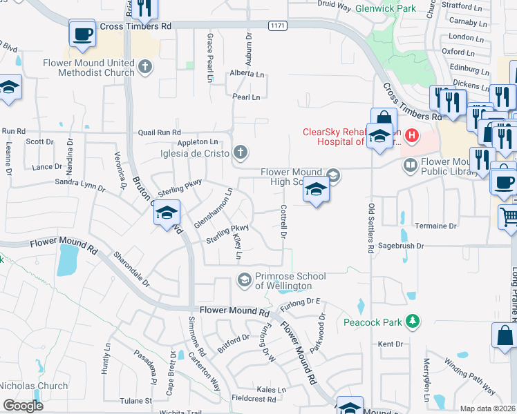 map of restaurants, bars, coffee shops, grocery stores, and more near 3601 Rolling Oaks Drive in Flower Mound