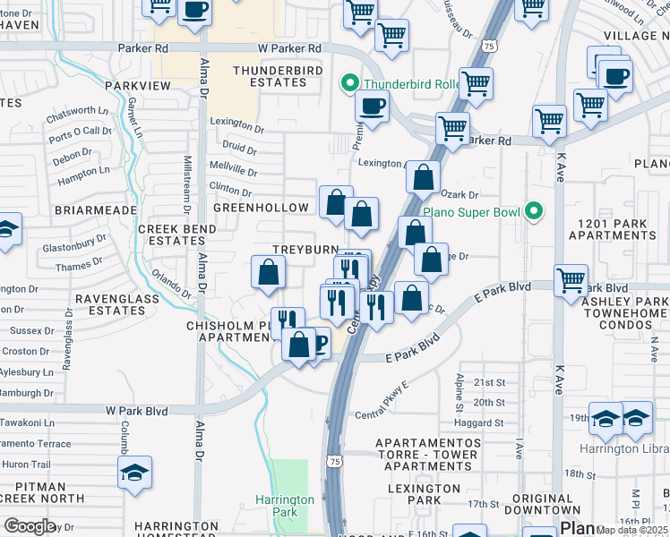 map of restaurants, bars, coffee shops, grocery stores, and more near 2301 N US 75-Central Expy 1000 in Plano