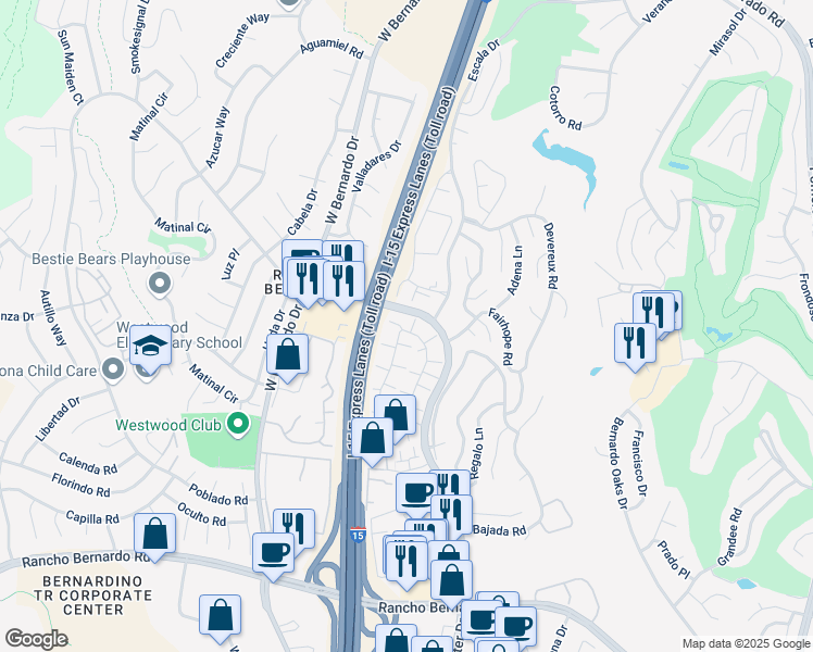 map of restaurants, bars, coffee shops, grocery stores, and more near 17595 Fairlie Road in San Diego