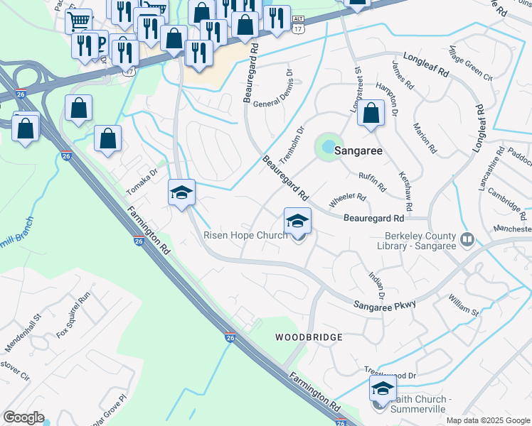 map of restaurants, bars, coffee shops, grocery stores, and more near 901 Longstreet Street in Summerville