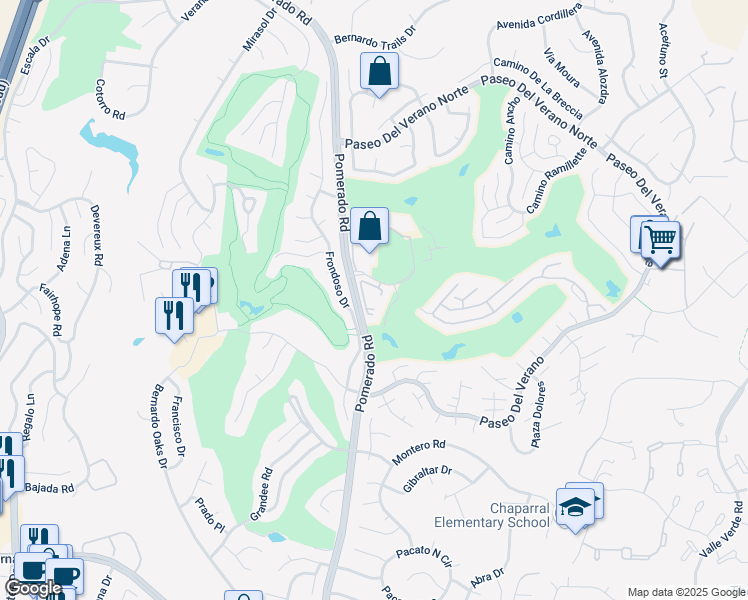 map of restaurants, bars, coffee shops, grocery stores, and more near 12565 Oaks North Drive in San Diego
