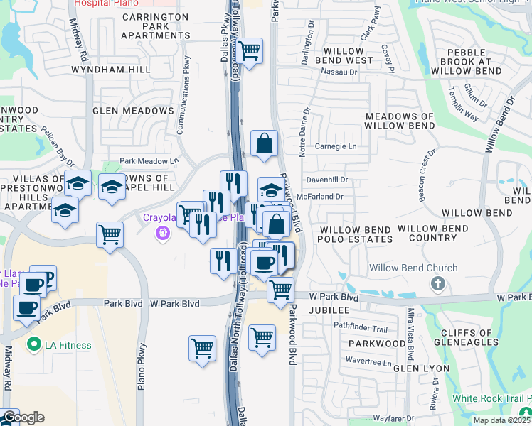 map of restaurants, bars, coffee shops, grocery stores, and more near 2400 Dallas Parkway in Plano