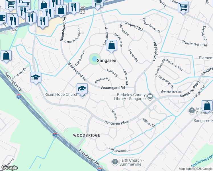 map of restaurants, bars, coffee shops, grocery stores, and more near 710 Beauregard Road in Summerville