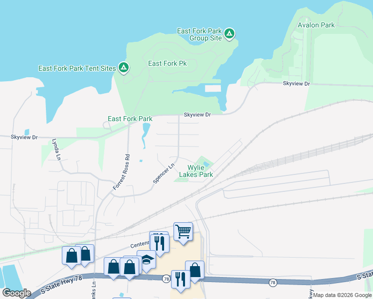 map of restaurants, bars, coffee shops, grocery stores, and more near 2020 Megan Court in Wylie