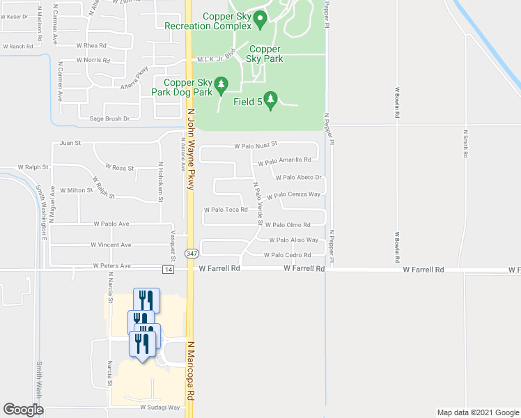 map of restaurants, bars, coffee shops, grocery stores, and more near West Palo Teca Road in Maricopa