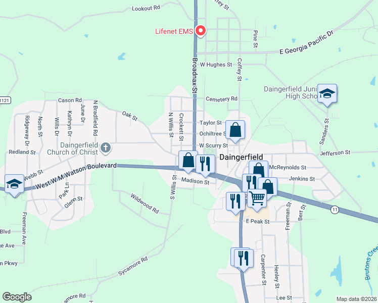 map of restaurants, bars, coffee shops, grocery stores, and more near 101 Crockett Street in Daingerfield