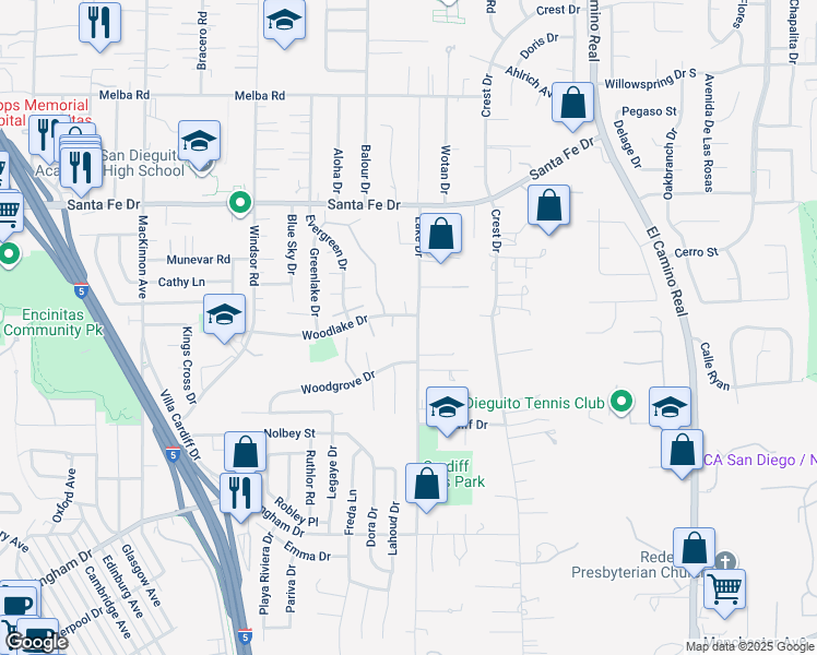 map of restaurants, bars, coffee shops, grocery stores, and more near 1141 Woodlake Drive in Encinitas