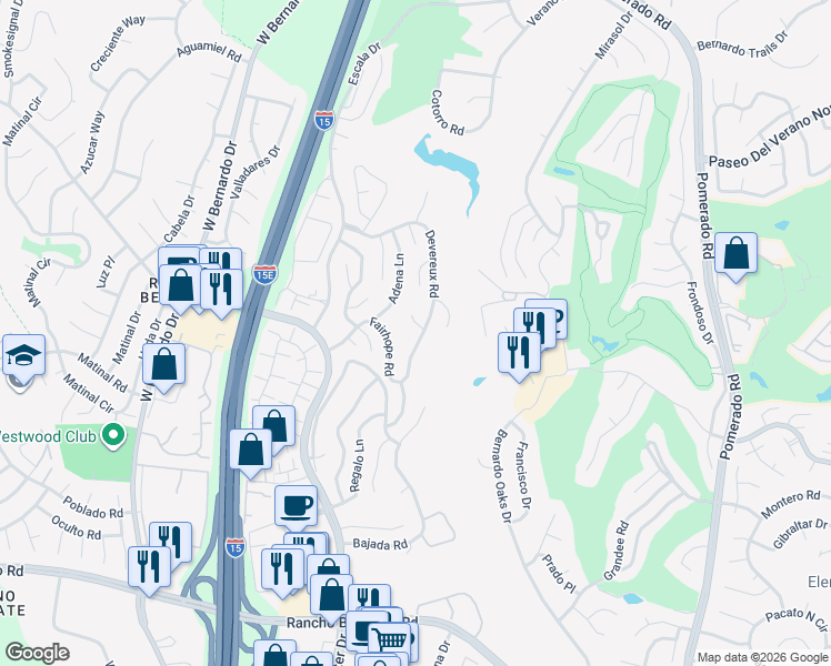 map of restaurants, bars, coffee shops, grocery stores, and more near 17602 Marymont Place in San Diego