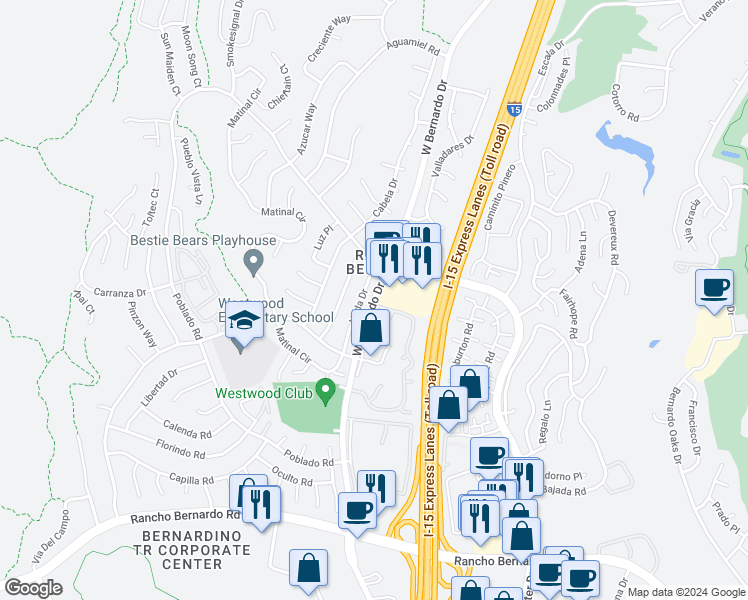 map of restaurants, bars, coffee shops, grocery stores, and more near 17201 West Bernardo Drive in San Diego