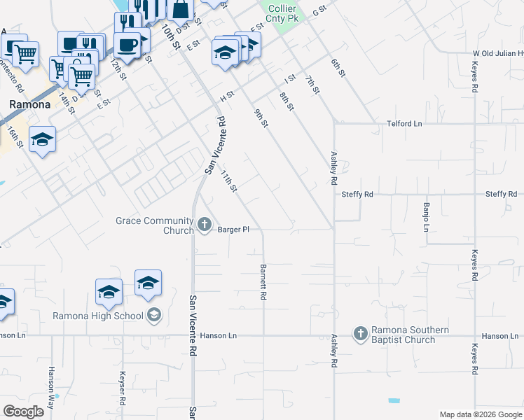 map of restaurants, bars, coffee shops, grocery stores, and more near 1217 Barger Place in Ramona